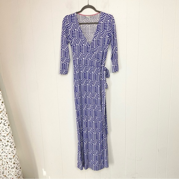 Boden Geo Wrap Maxi Dress Long Sleeve Women's Size 6 Blue White Stretch * - Picture 2 of 16